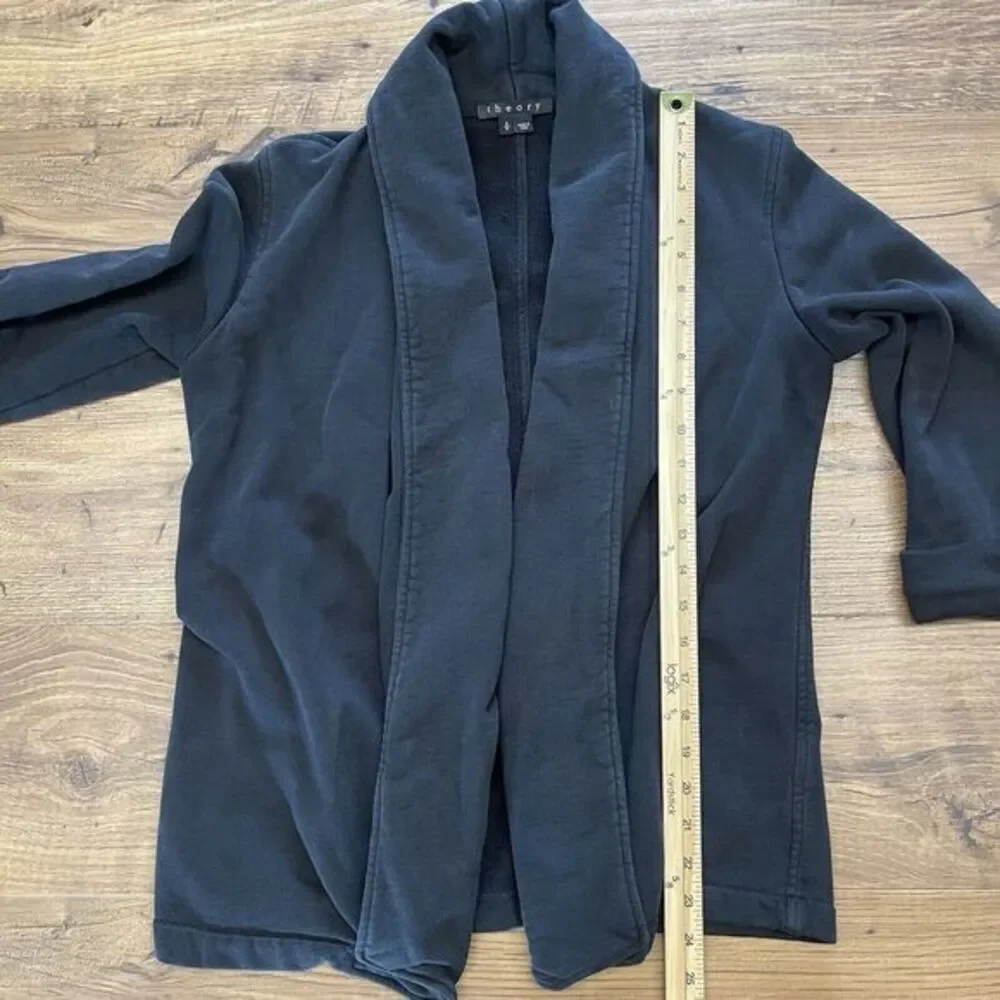 Theory Womens Small Black Cotton Cardigan Jacket 3/4‎ Gathered Sleeves Career